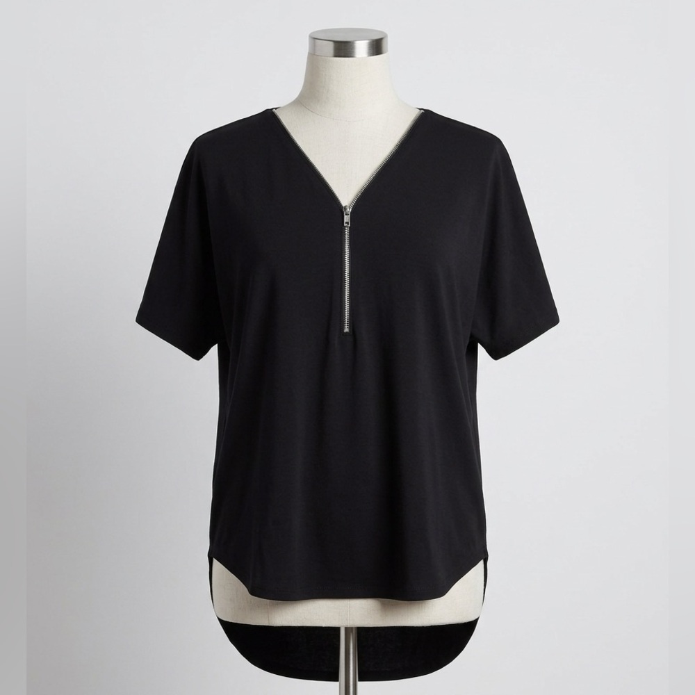 Black Zipper V-Neck Women's Top